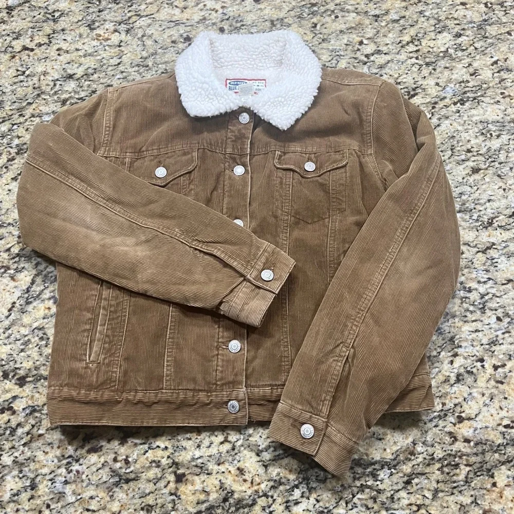 Vintage Old Navy Womens Brown Corduroy Sherpa Collar Trucker Jacket Large L Tan